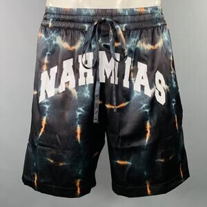 NAHMIAS Size L Black White Logo Silk Blend Joggers Shorts